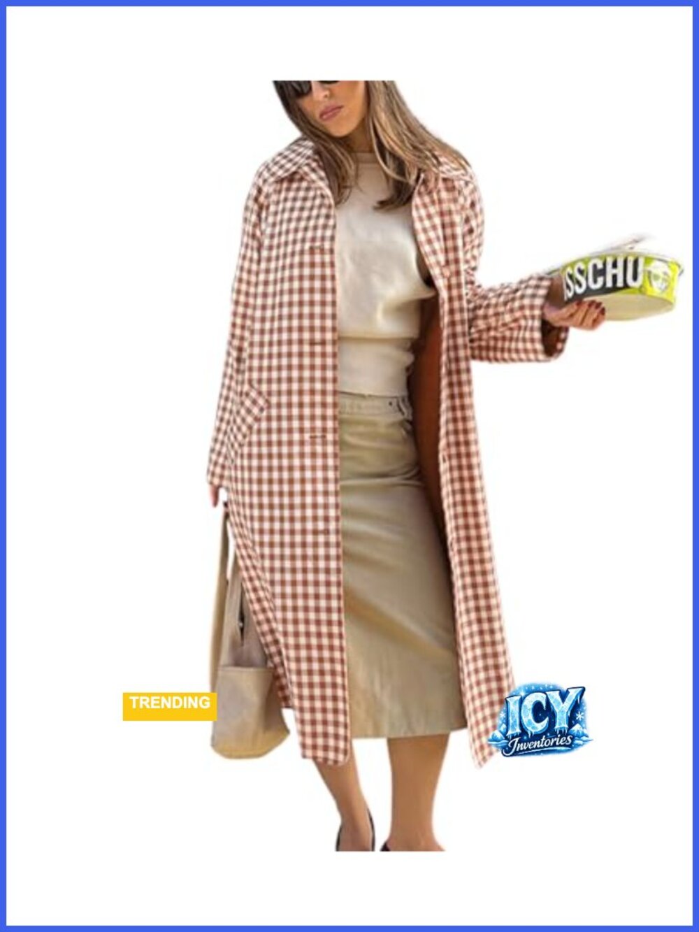 Women's Plaid Long Trench Coat Single Breasted Casual Jacket Overcoat